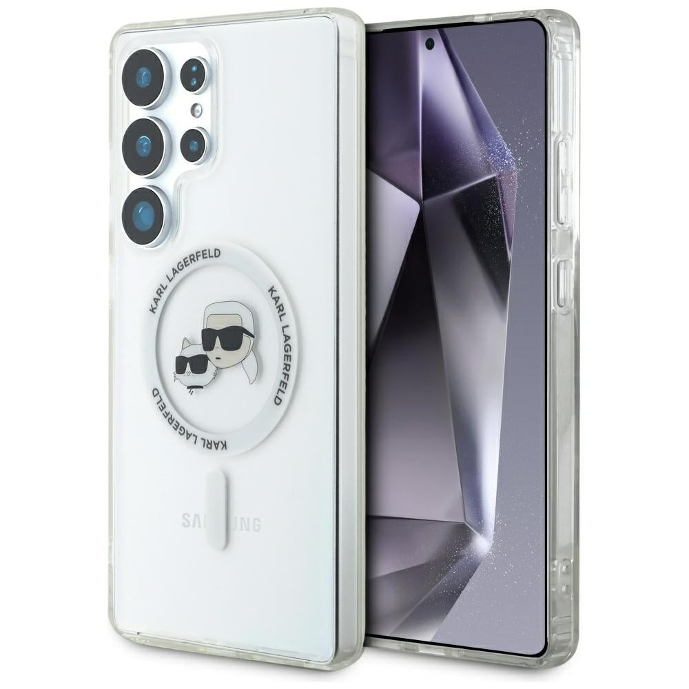 Husa MagSafe pentru Samsung Galaxy S25 Ultra S938, Karl Lagerfeld, IML Metal Karl & Choupette's Heads, Alba