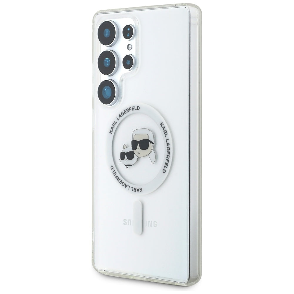 Husa MagSafe pentru Samsung Galaxy S25 Ultra S938, Karl Lagerfeld, IML Metal Karl & Choupette's Heads, Alba