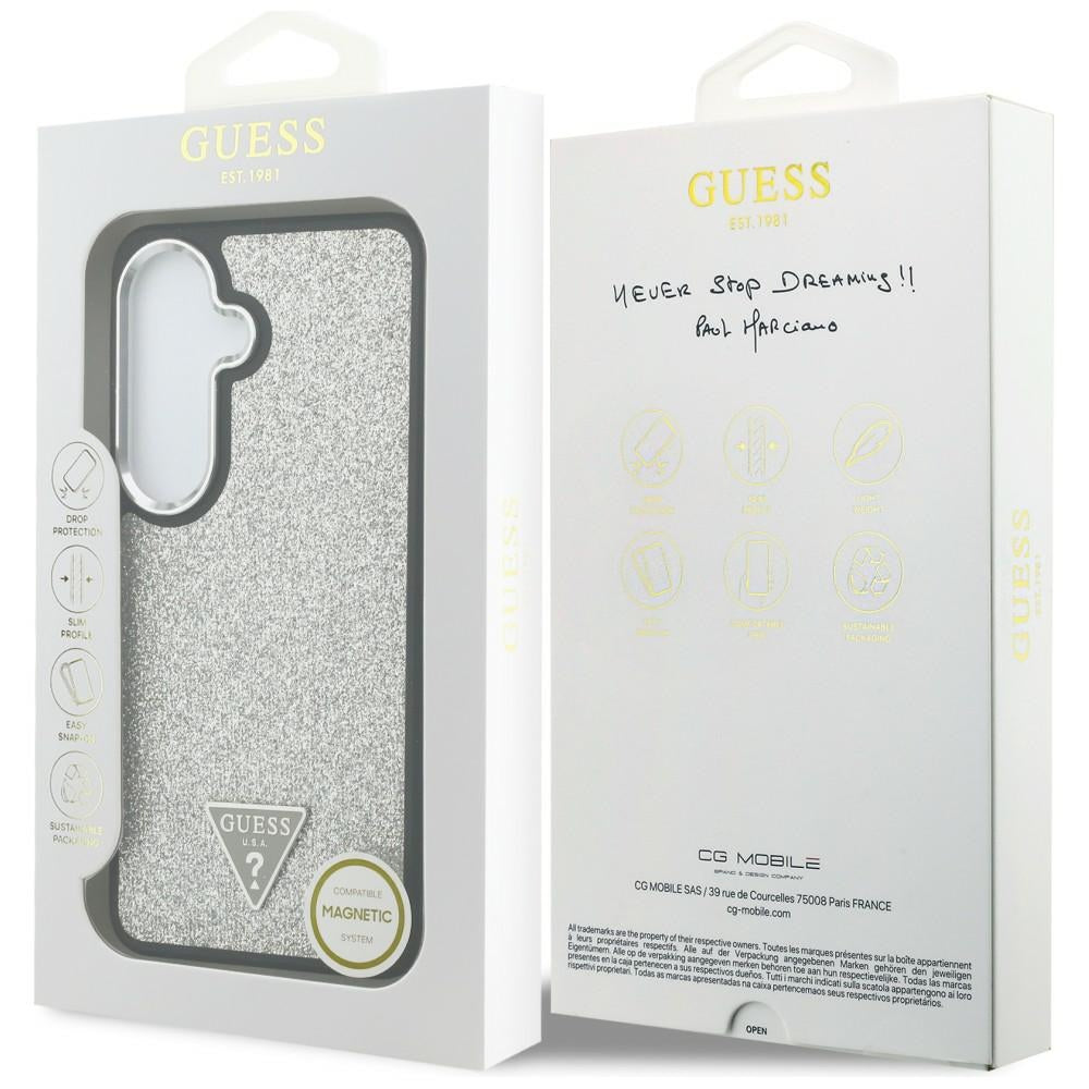 Husa MagSafe pentru Samsung Galaxy S26 S942, Guess, Fixed Glitter Triangle Logo, Argintie
