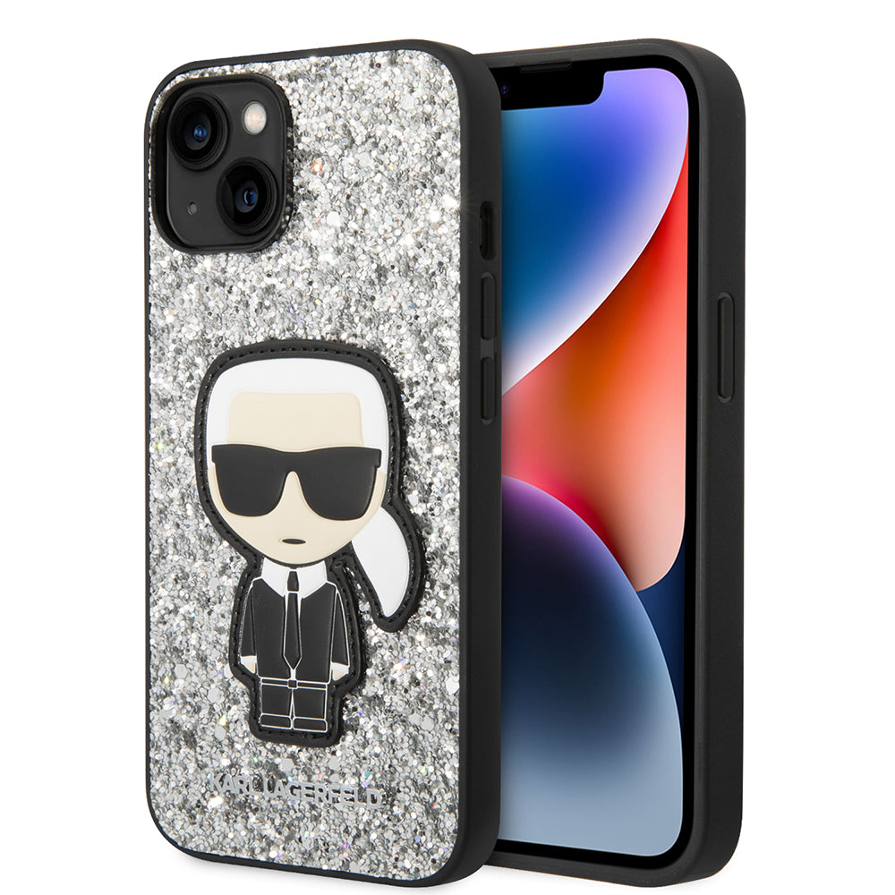 Husa pentru Apple iPhone 14, Karl Lagerfeld, Glitter Flakes Ikonik Karl, Argintie