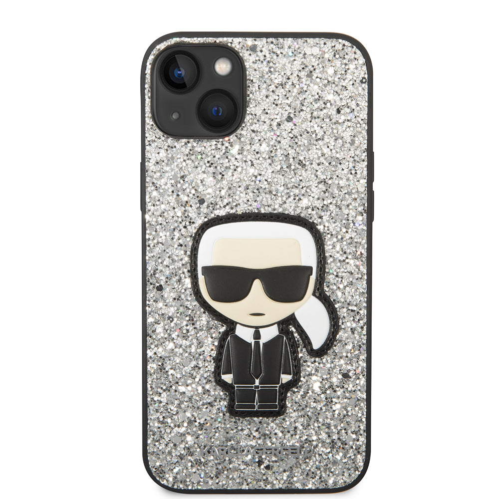 Husa pentru Apple iPhone 14 Plus, Karl Lagerfeld, Glitter Flakes Ikonik Karl, Argintie