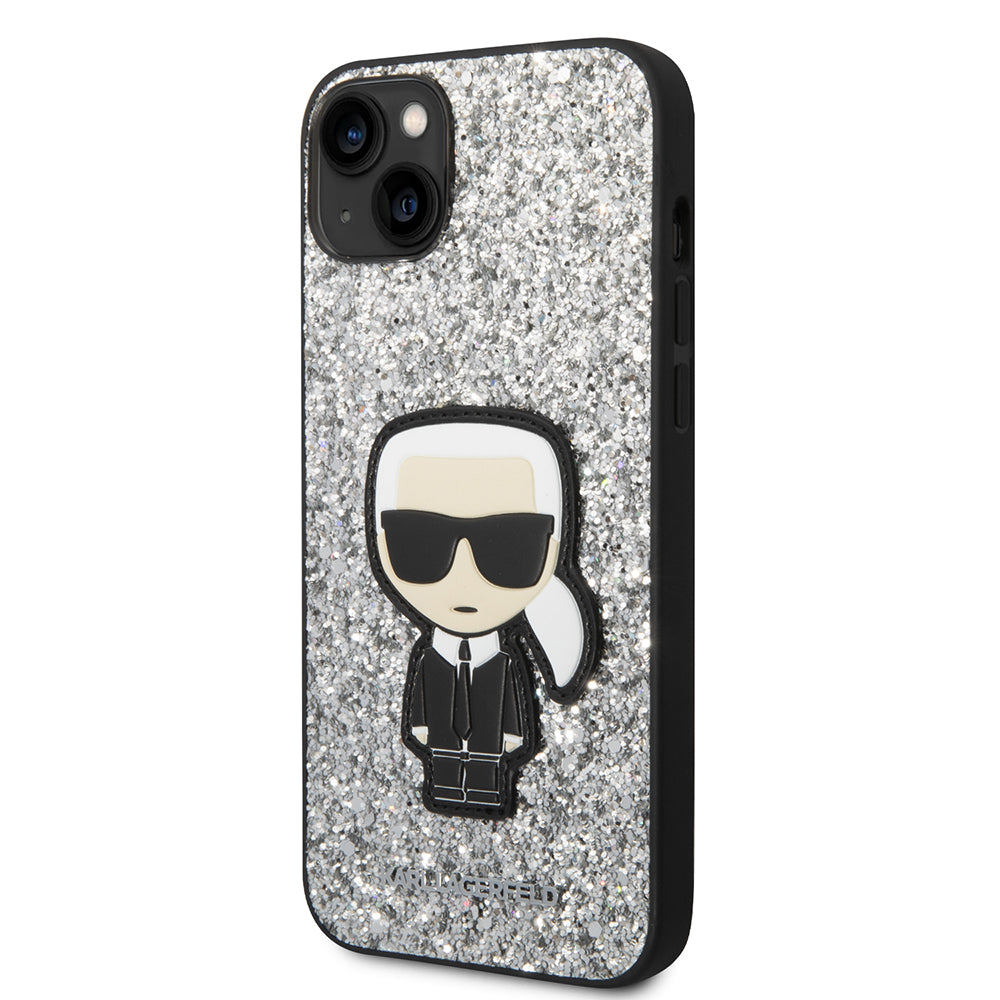 Husa pentru Apple iPhone 14 Plus, Karl Lagerfeld, Glitter Flakes Ikonik Karl, Argintie