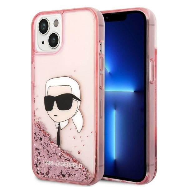 Husa pentru Apple iPhone 14 Plus, Karl Lagerfeld, Glitter Karl's Head, Roz