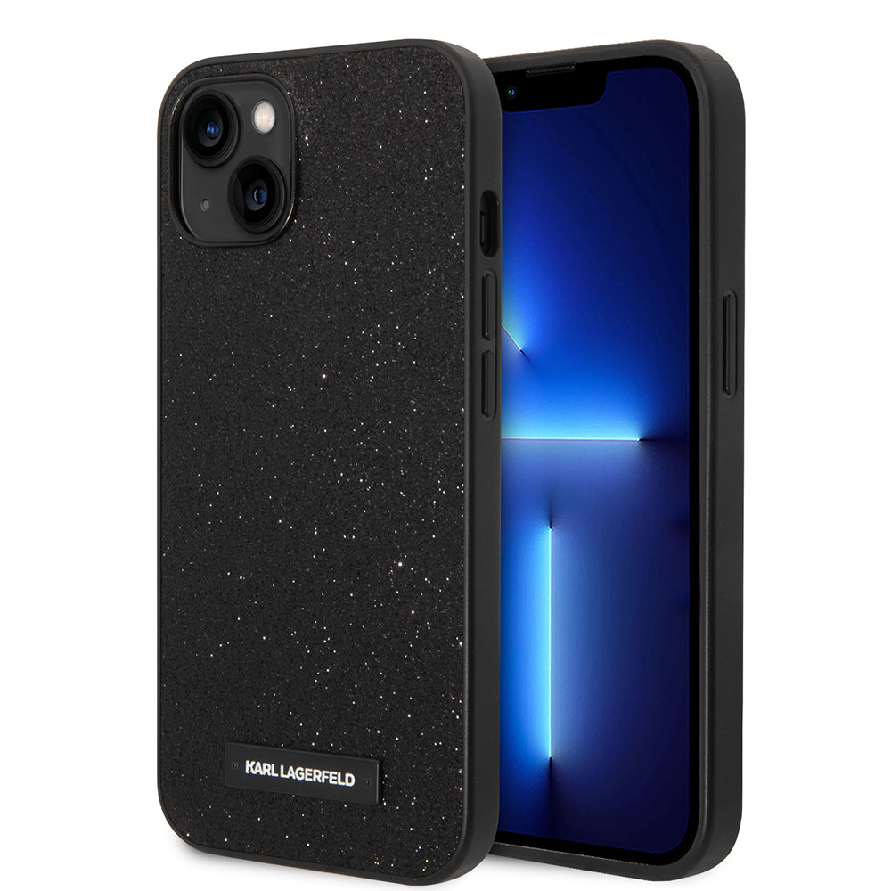 Husa pentru Apple iPhone 14 Plus, Karl Lagerfeld, Glitter Plaque Logo, Neagra