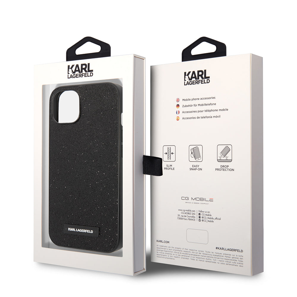 Husa pentru Apple iPhone 14 Plus, Karl Lagerfeld, Glitter Plaque Logo, Neagra