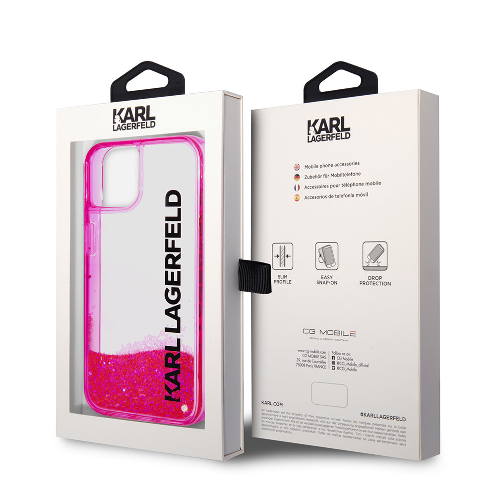 Husa pentru Apple iPhone 14 Plus, Karl Lagerfeld, Liquid Glitter KL Logo, Roz