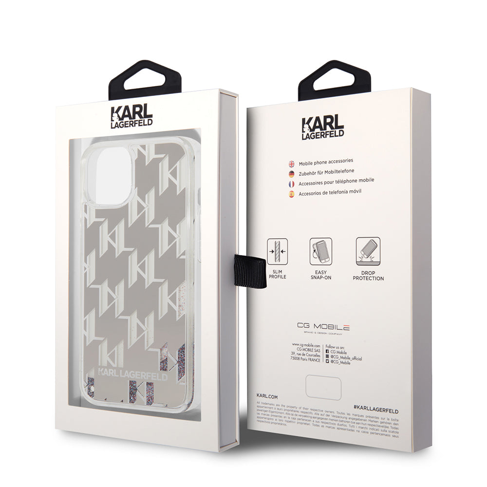 Husa pentru Apple iPhone 14 Plus, Karl Lagerfeld, Liquid Glitter Monogram, Argintie
