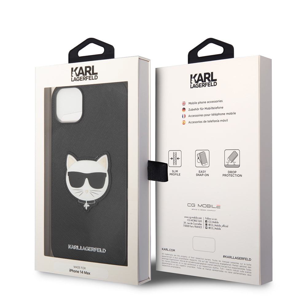 Husa pentru Apple iPhone 14 Plus, Karl Lagerfeld, Saffiano Choupette's Head, Neagra