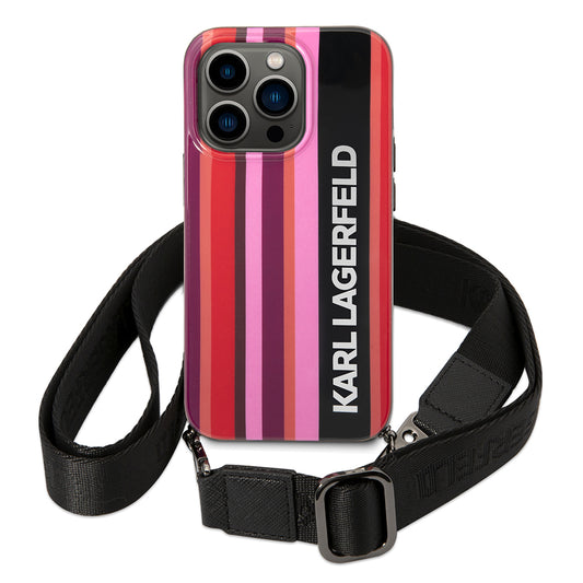 Husa pentru Apple iPhone 14 Pro, Karl Lagerfeld, Color Stripes with Strap, Roz