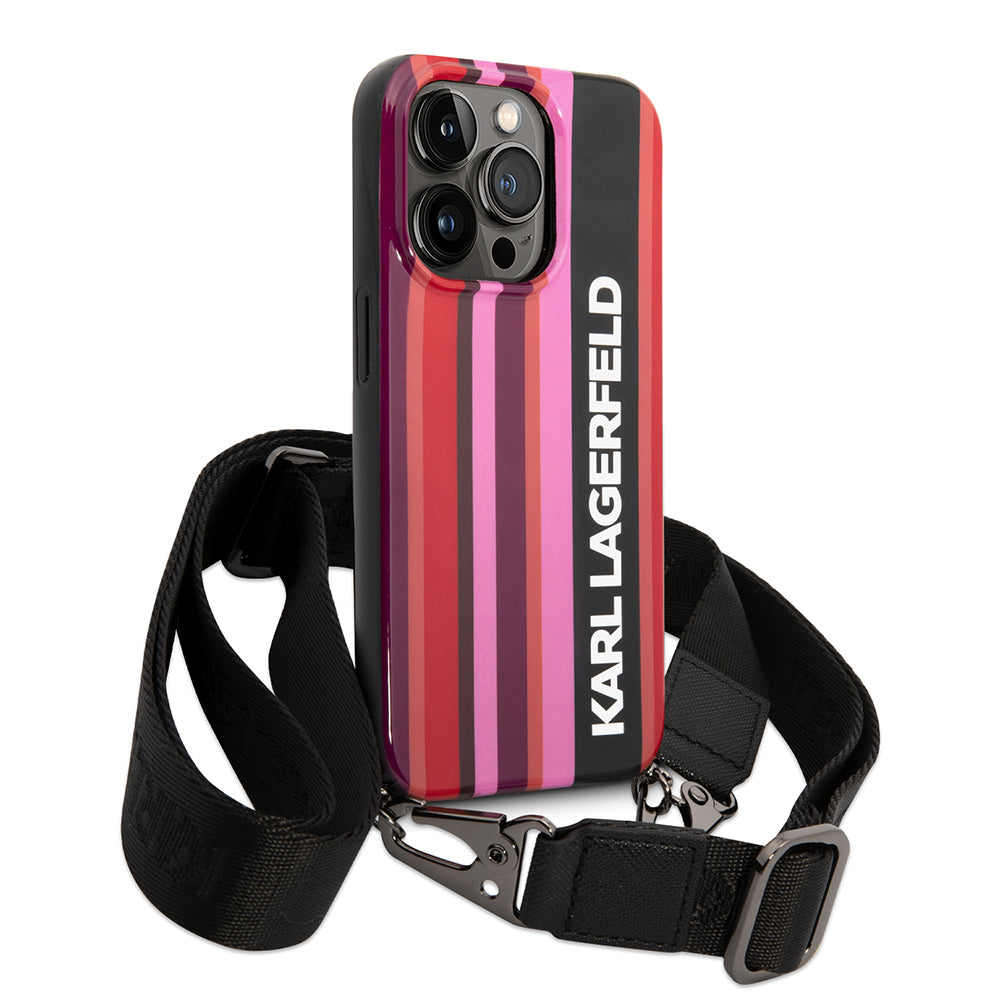 Husa pentru Apple iPhone 14 Pro, Karl Lagerfeld, Color Stripes with Strap, Roz