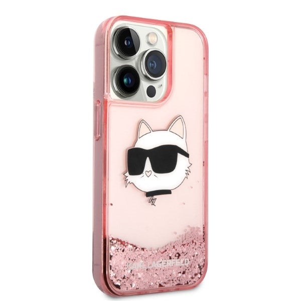 Husa pentru Apple iPhone 14 Pro, Karl Lagerfeld, Glitter Choupette's Head, Roz