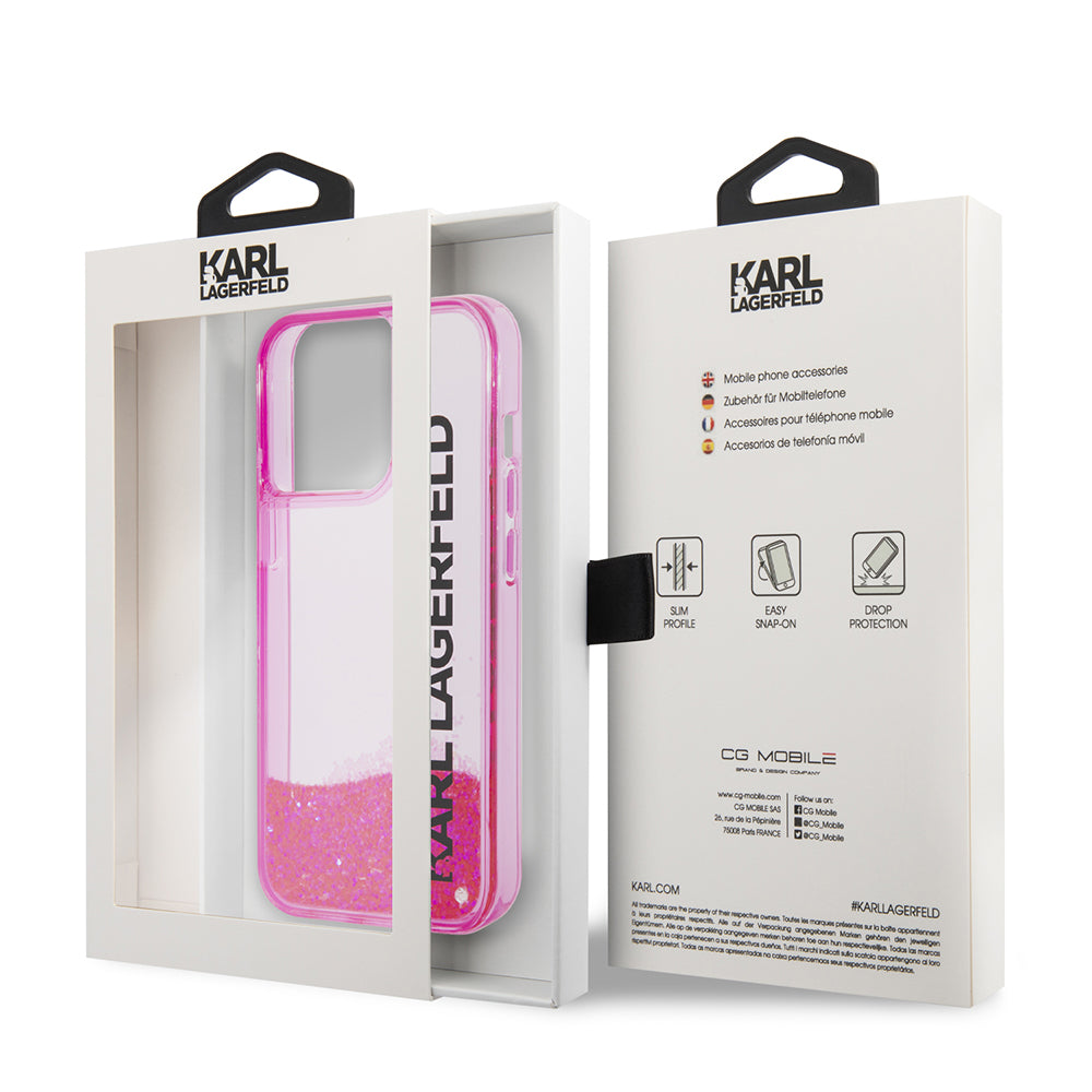 Husa pentru Apple iPhone 14 Pro, Karl Lagerfeld, Liquid Glitter KL Logo, Roz