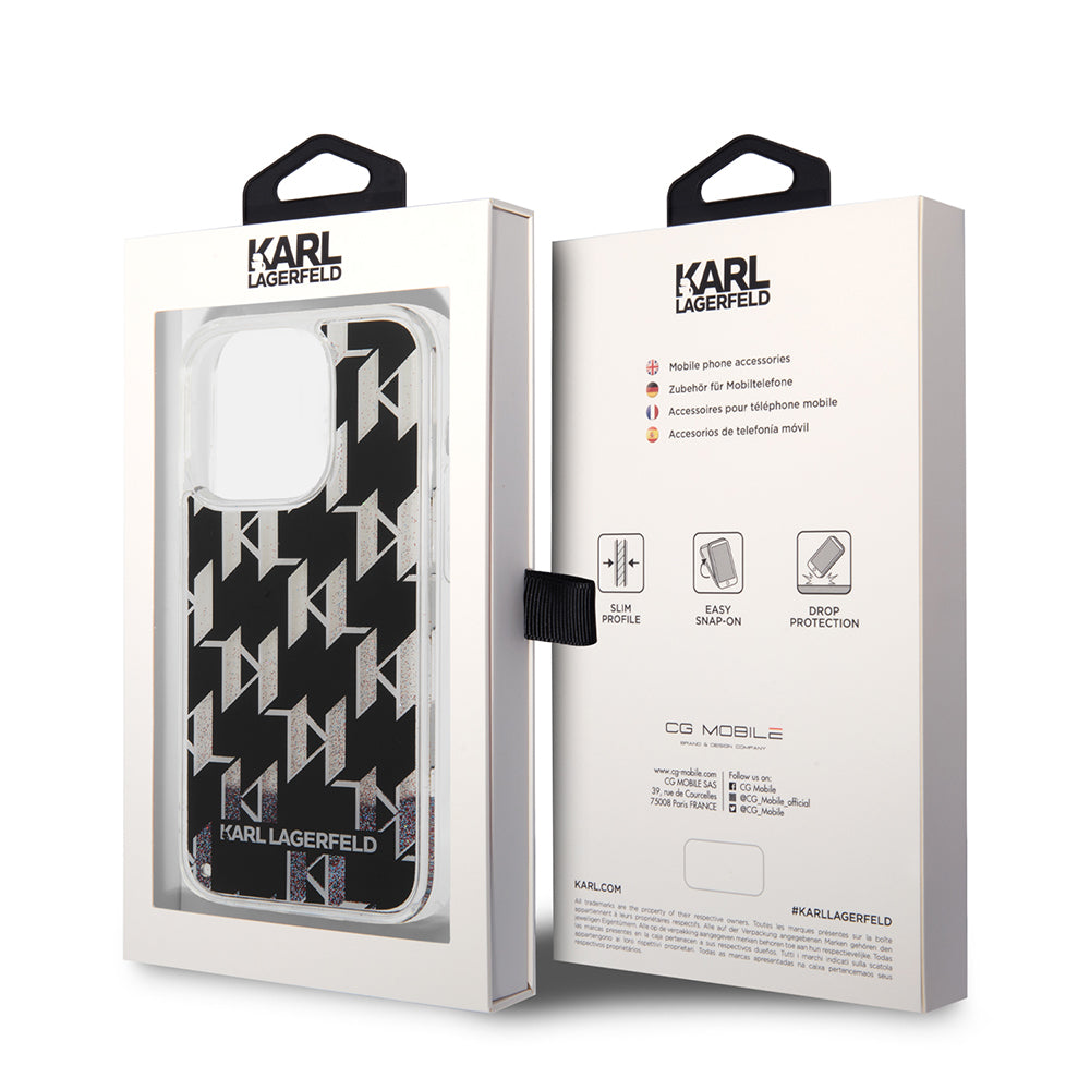 Husa pentru Apple iPhone 14 Pro, Karl Lagerfeld, Liquid Glitter Monogram, Neagra