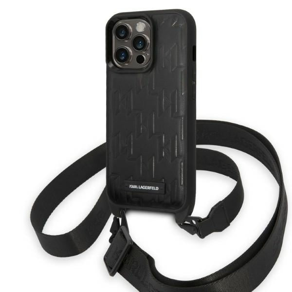 Husa pentru Apple iPhone 14 Pro, Karl Lagerfeld, Monogram Plaque Logo with Strap, Neagra