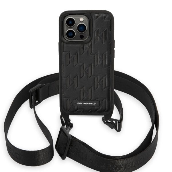 Husa pentru Apple iPhone 14 Pro, Karl Lagerfeld, Monogram Plaque Logo with Strap, Neagra