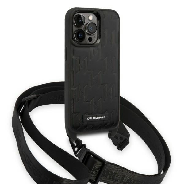 Husa pentru Apple iPhone 14 Pro, Karl Lagerfeld, Monogram Plaque Logo with Strap, Neagra