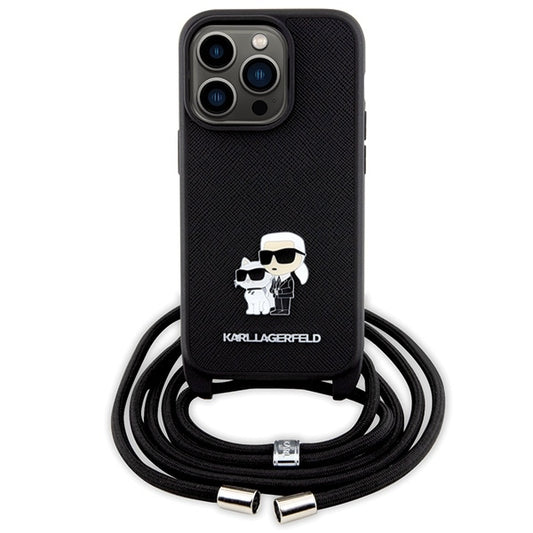 Husa pentru Apple iPhone 14 Pro, Karl Lagerfeld, Saffiano Crossbody Metal Pin Karl & Choupette, Neagra