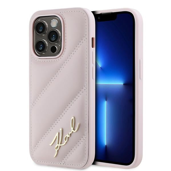 Husa pentru Apple iPhone 14 Pro Max, Karl Lagerfeld, Diagonal Quilted Script, Roz