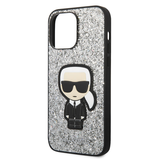 Husa pentru Apple iPhone 14 Pro Max, Karl Lagerfeld, Glitter Flakes Ikonik Karl, Argintie