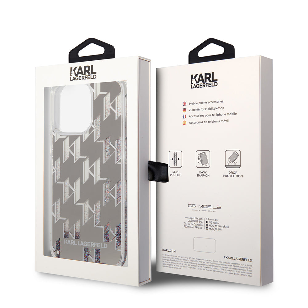 Husa pentru Apple iPhone 14 Pro Max, Karl Lagerfeld, Liquid Glitter Monogram, Argintie