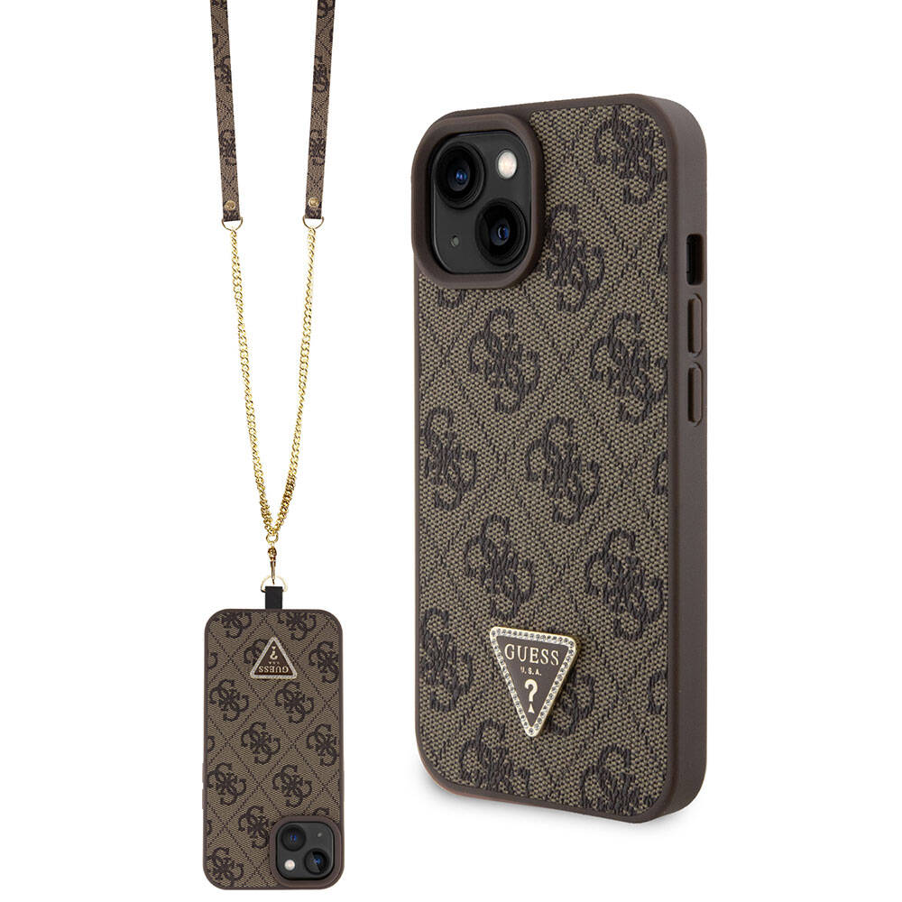 Husa pentru Apple iPhone 15, Guess, Crossbody 4G Metal Logo, Maro