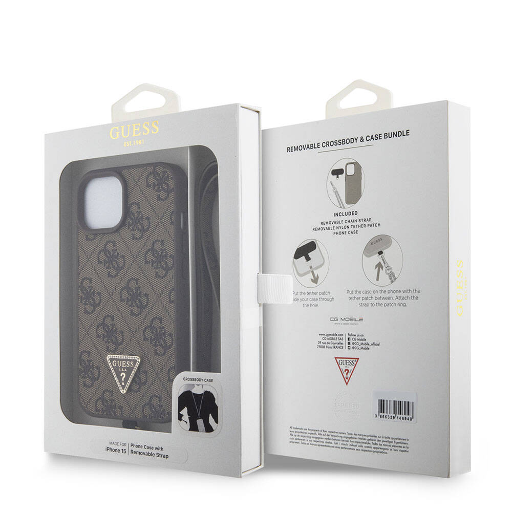 Husa pentru Apple iPhone 15, Guess, Crossbody 4G Metal Logo, Maro