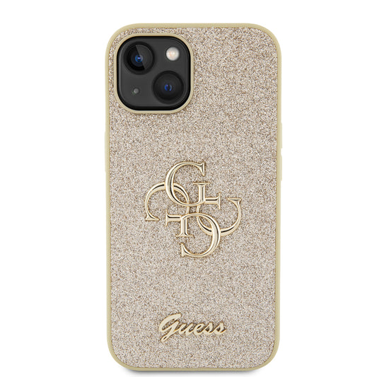 Husa pentru Apple iPhone 15, Guess, Glitter Big 4G Script, Aurie