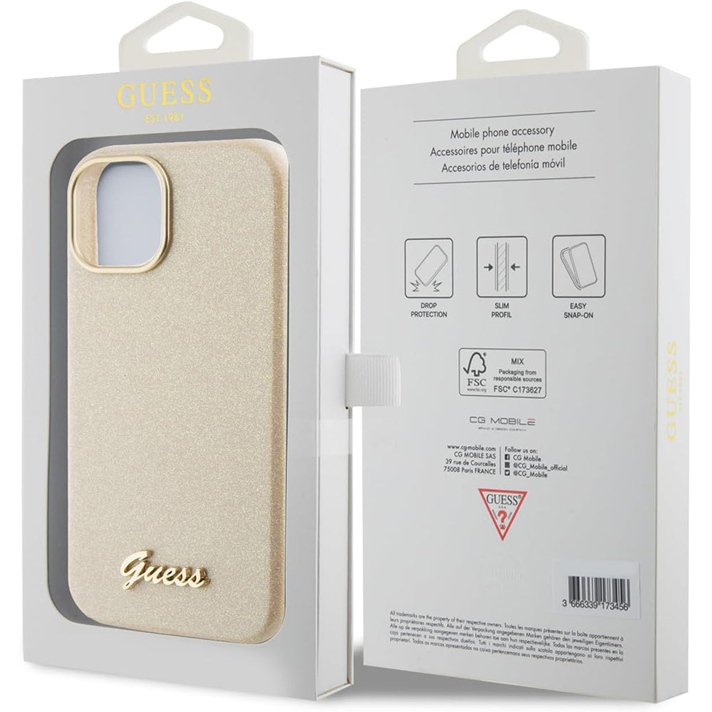 Husa pentru Apple iPhone 15, Guess, Glitter Glossy Script, Bej