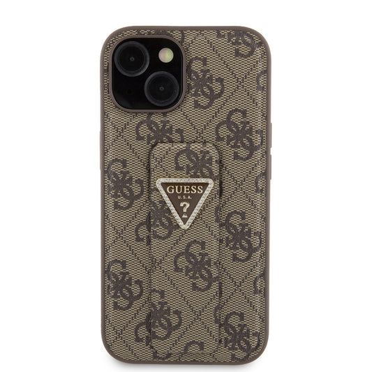Husa pentru Apple iPhone 15, Guess, Grip Stand 4G Triangle Strass, Maro