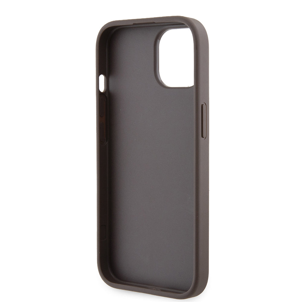 Husa pentru Apple iPhone 15, Guess, Grip Stand 4G Triangle Strass, Maro