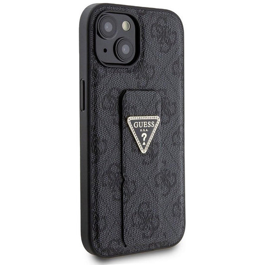 Husa pentru Apple iPhone 15, Guess, Grip Stand 4G Triangle Strass, Neagra
