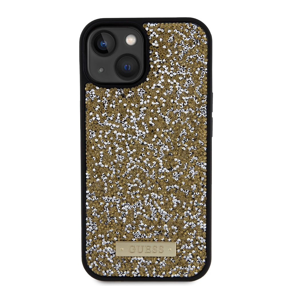 Husa pentru Apple iPhone 15, Guess, Rhinestone Metal Logo, Galbena