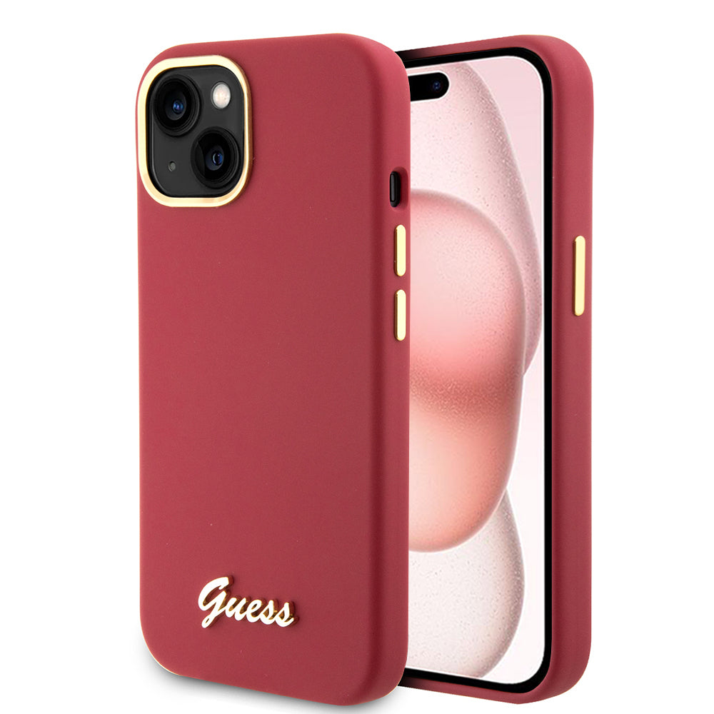 Husa pentru Apple iPhone 15, Guess, Script Metal Logo & Frame, Rosie