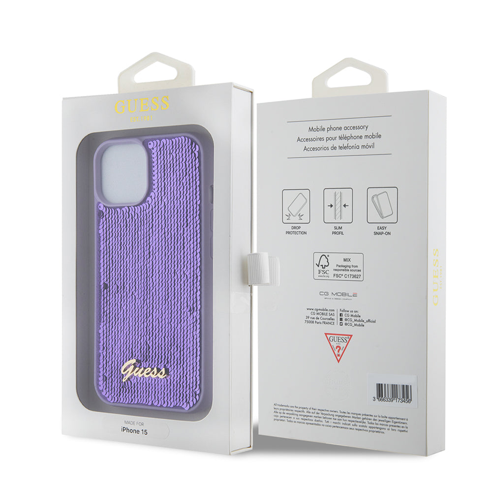 Husa pentru Apple iPhone 15, Guess, Sequin Script Metal, Mov