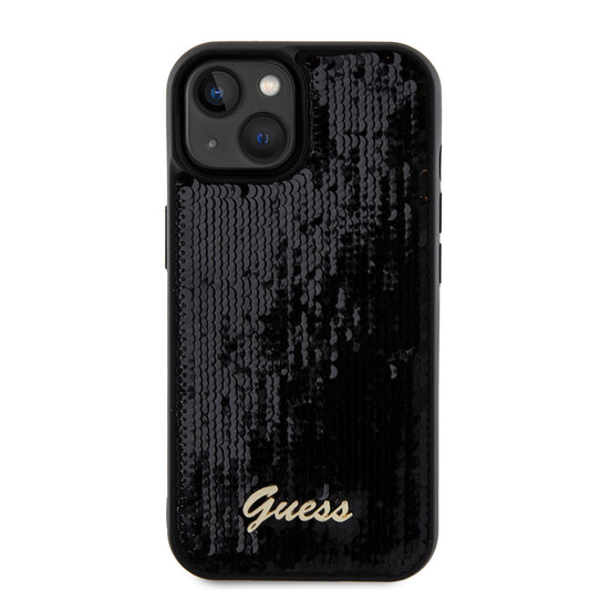 Husa pentru Apple iPhone 15, Guess, Sequin Script Metal, Neagra