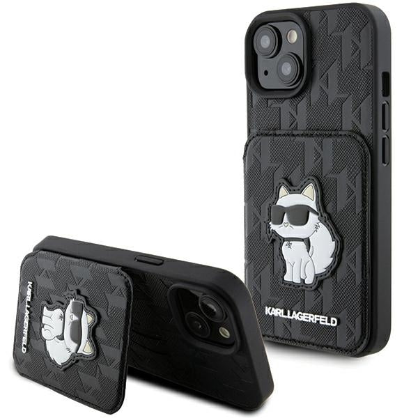 Husa pentru Apple iPhone 15, Karl Lagerfeld, Saffiano Cardslots and Stand Monogram Choupette, Neagra
