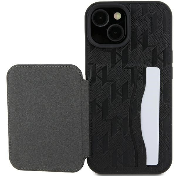Husa pentru Apple iPhone 15, Karl Lagerfeld, Saffiano Cardslots and Stand Monogram Choupette, Neagra