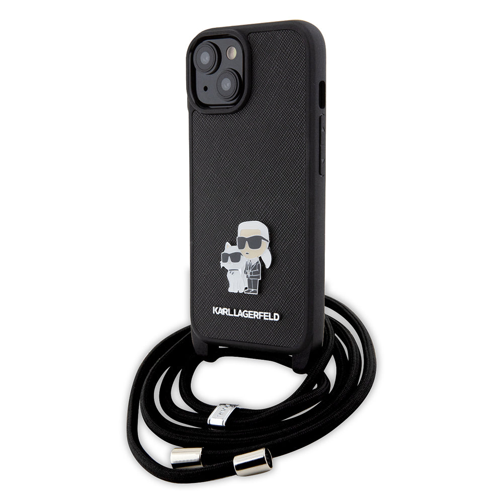 Husa pentru Apple iPhone 15, Karl Lagerfeld, Saffiano Crossbody Metal Pin Karl & Choupette, Neagra