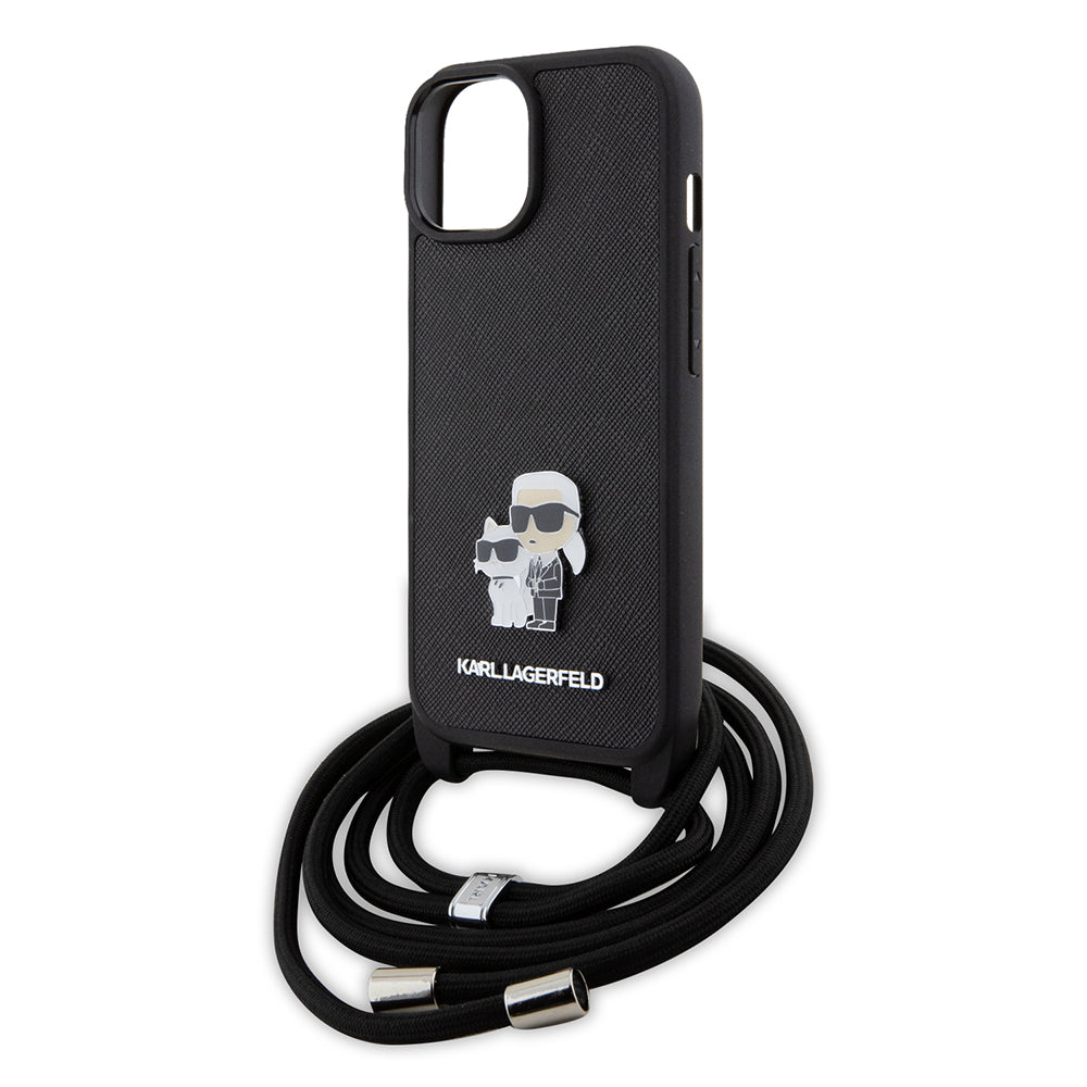 Husa pentru Apple iPhone 15, Karl Lagerfeld, Saffiano Crossbody Metal Pin Karl & Choupette, Neagra