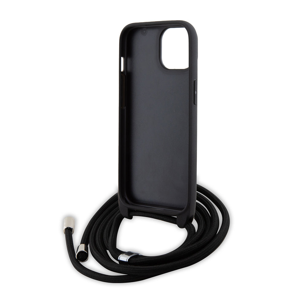 Husa pentru Apple iPhone 15, Karl Lagerfeld, Saffiano Crossbody Metal Pin Karl & Choupette, Neagra