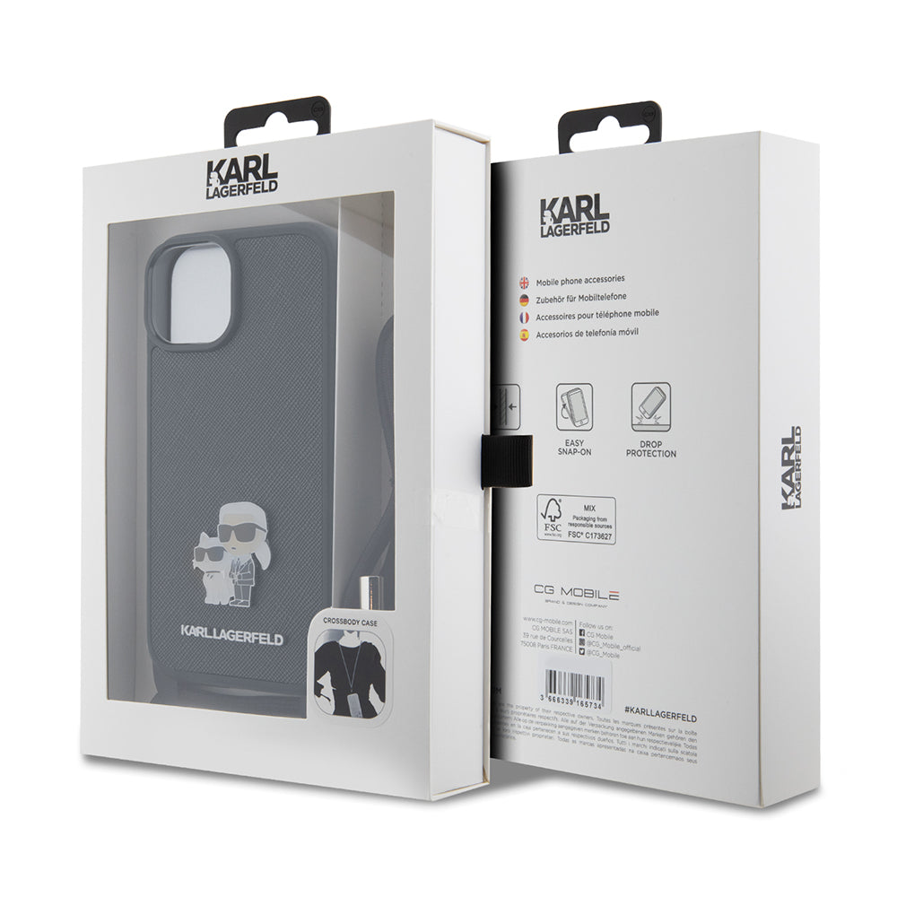 Husa pentru Apple iPhone 15, Karl Lagerfeld, Saffiano Crossbody Metal Pin Karl & Choupette, Neagra