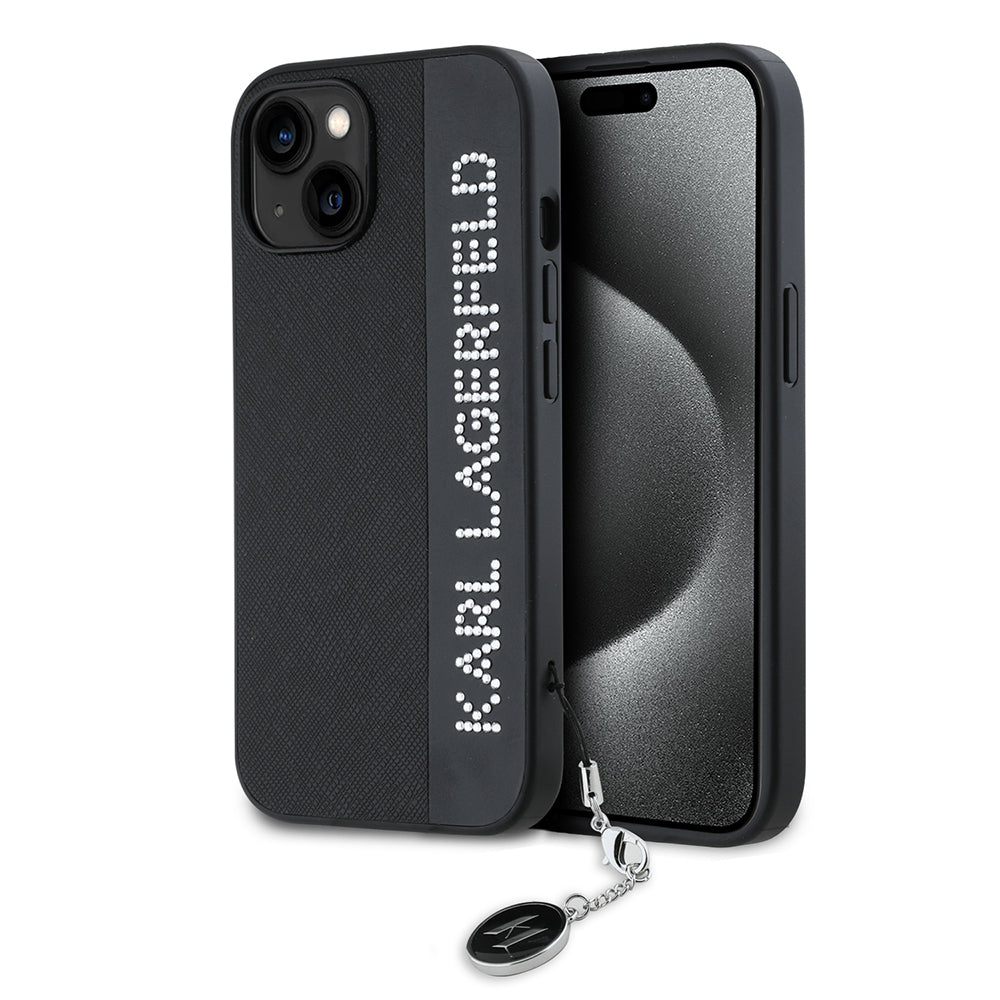 Husa pentru Apple iPhone 15, Karl Lagerfeld, Saffiano Rhinestones & Charm, Neagra