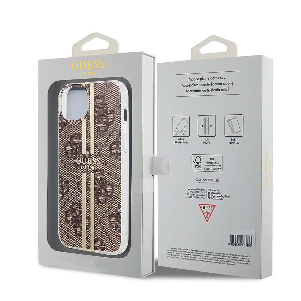 Husa pentru Apple iPhone 15 Plus, Guess, IML 4G Gold Stripe, Maro