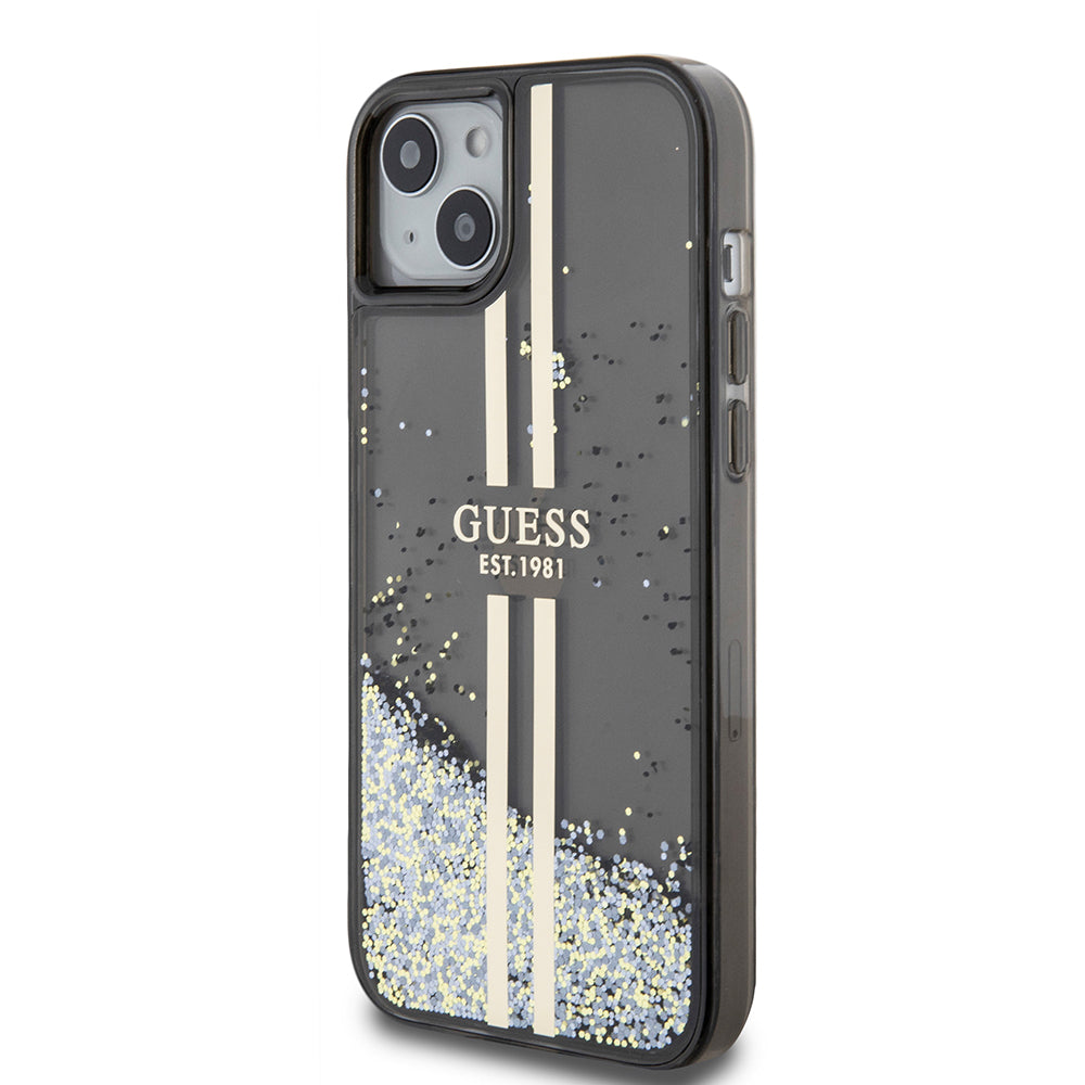 Husa pentru Apple iPhone 15 Plus, Guess, Liquid Glitter Gold Stripes, Neagra