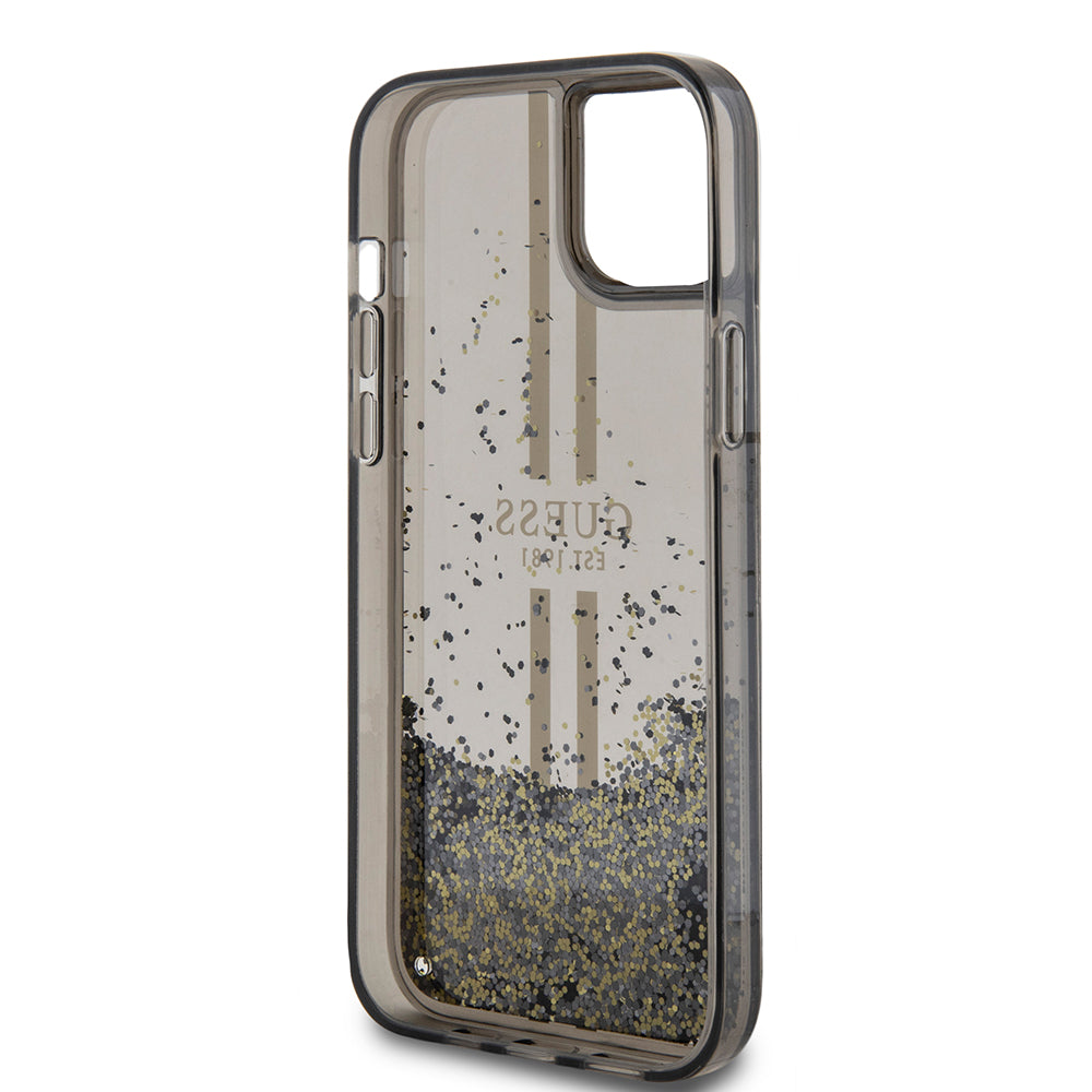 Husa pentru Apple iPhone 15 Plus, Guess, Liquid Glitter Gold Stripes, Neagra