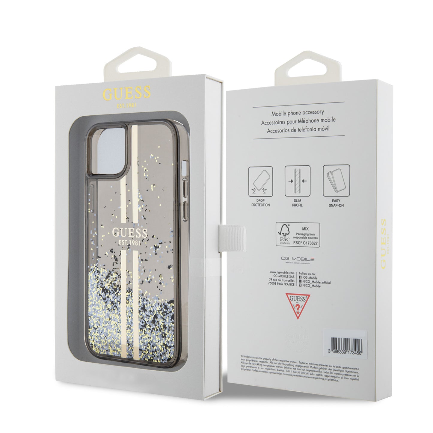 Husa pentru Apple iPhone 15 Plus, Guess, Liquid Glitter Gold Stripes, Neagra