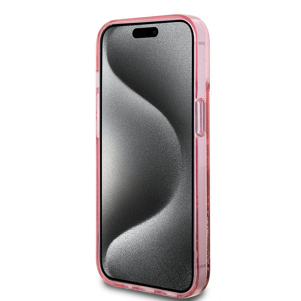 Husa pentru Apple iPhone 15 Plus, Guess, Liquid Glitter Gold Stripes, Roz