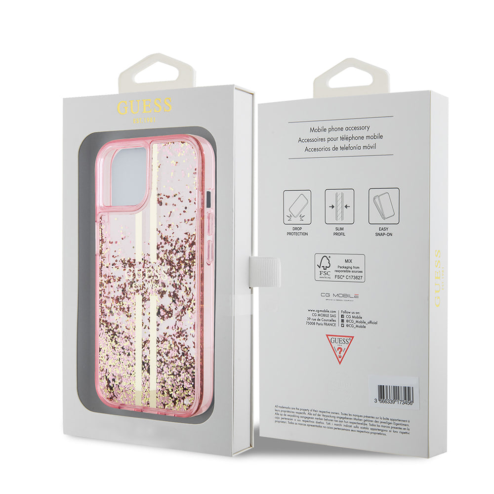 Husa pentru Apple iPhone 15 Plus, Guess, Liquid Glitter Gold Stripes, Roz