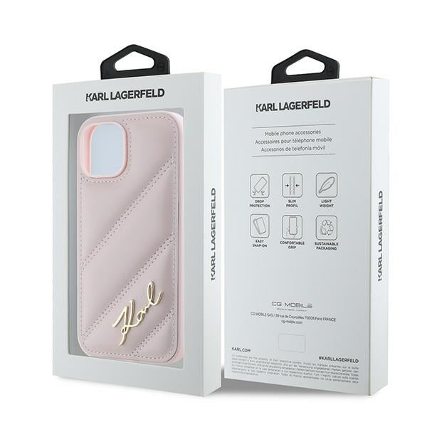 Husa pentru Apple iPhone 15 Plus, Karl Lagerfeld, Diagonal Quilted Script, Roz
