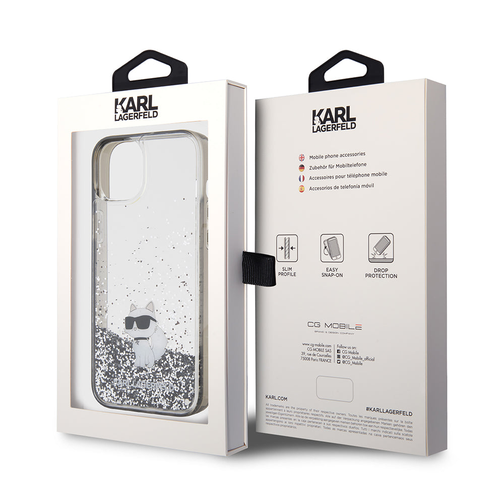 Husa pentru Apple iPhone 15 Plus, Karl Lagerfeld, Liquid Glitter Choupette, Transparenta